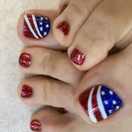 24PCS 4th of July Stars Press on Toe Nails Short Square Fake Toenails Glossy Red Blue Glitters Design Acrylic Toe Nails Independence Day Glue on Toenails Full Cover Toenails Foot Nails for Women