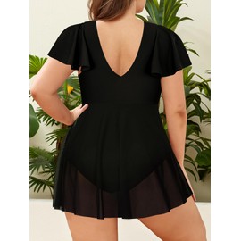 SHEKINI Women's Plus Size Swimsuits Splice Mesh Skirt One Piece Swim Dress, Black, XX-Large