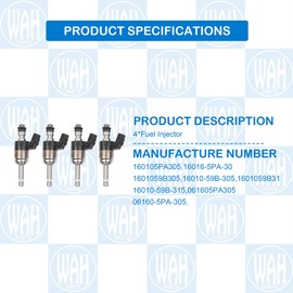 Wahparts Set of 4 Fuel Injectors Compatible with Honda Accord 2018-2021 Civic 2016-2021 CR-V 2017-2021 L4 1.5L Replace 16010-5PA-305 160105PA305 16010-59B-305 1601059B305