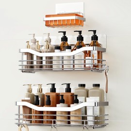 Orimade Shower Caddy Basket Soap Dish Holder Shelf with 5 Hooks Bathroom Organizer Shelf Kitchen Storage Rack Wall Mounted Adhesive No Drilling Rustproof SUS304 Stainless Steel - 3 Pack