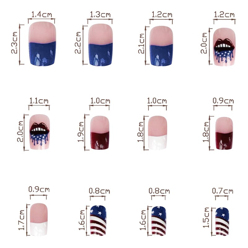 24Pcs 4th of July Press on Nails Short Square Fake