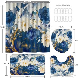 LQCOOL Blue Shower Curtain Set 4Pcs Flower Bathroom Sets with Rugs Waterproof Shower Curtain with 12 Hooks for Bathroom Decor