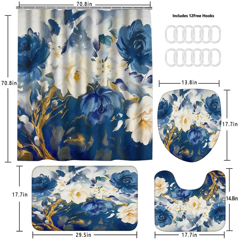 LQCOOL Blue Shower Curtain Set 4Pcs Flower Bathroom Sets with