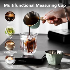 Premium Espresso Cups with Wood Handle, 90ML 304 Stainless Steel Espresso Accessories Metal Measuring Cup with Dual Scale, Espresso Shot cup with V-Shaped Mouth. (Green)