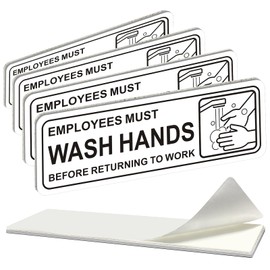 i-CowFun (4 Pack) Self-adhesive Employees Must Wash Hands Sign, 9" x 3" Durable Acrylic Hand Washing Signs with Symbols, for Business, Restaurant, Salons, Hotel, Motel, Rest Stops, Public Restrooms