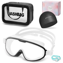 Swimming Goggles Set 4 in 1， Swimming Goggles Case with Swimming Goggles, Swimming Cap, Nose Clip and Dry & Wet Separation Handbag for Men and Women, Best Summer Swimming Gift (Black)