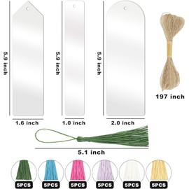Leanockesa Acrylic Bookmarks Blanks Bulk, Leanockesa 61PCS Clear Bookmark Plastic Blank 30 Set with Tassels & Twine String Cord for Vinyl DIY Craft (3 Shape of Bookmarks and 6 Color Tassels)