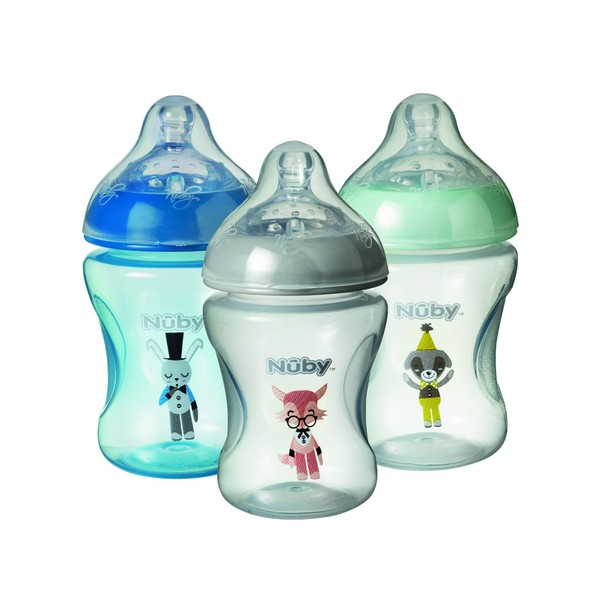 Nuby Anti Colic Baby Bottle Set – Slow Flow Easy Latch Teats | 240ml / 8oz | Includes Matching Dummy | Dishwasher Safe (Blue, Set of 3)