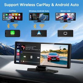 10.26’’ Portable Wireless Apple CarPlay Screen for Car, Portable Car Stereo with CarPlay & Android Auto, 4K Front Dash Cam and 1080P Backup Camera, Support Navigation, Mirror Link,Voice Control(Brown)