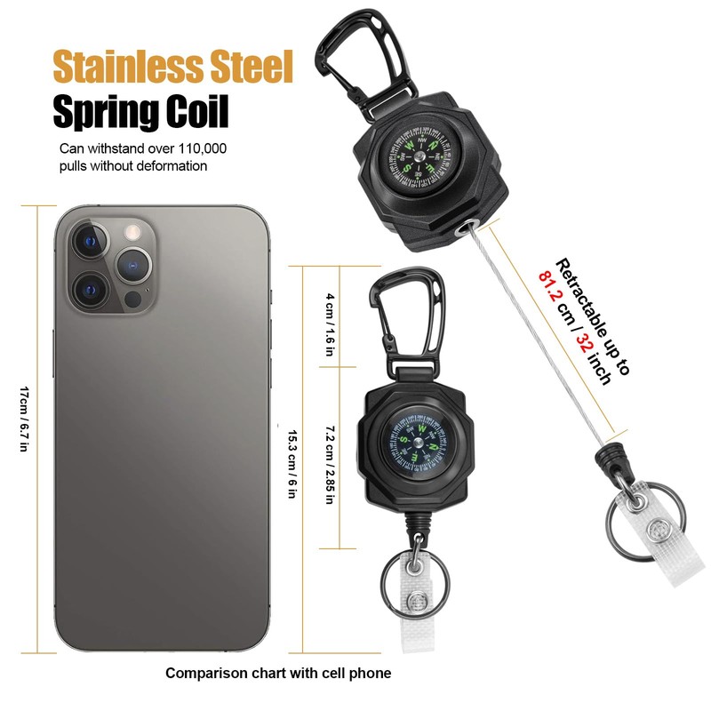 bolimoss Heavy Duty Retractable Keychain with Carabiner Compass, 2 Pack