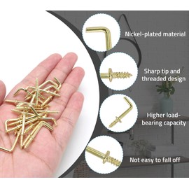 Biaungdo 100 Pack 3/4" L Hooks, Gold Screw in Hooks Small L Shaped Hooks Right Angle Screw Hooks 7 Shape Hook Mini Self Tapping Screw Hooks Tiny Metal Screw Hooks for Hanging