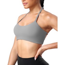 YEOREO Sports Bra Women's Removable Bra Straps Shrunk Top Padded Backless Fitness Bra Sports Top with Medium Support, #2 Light Grey
