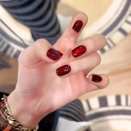 24 PCS Press on Nails Short Square Fake Nails Red False Nails Artificial Glossy Designs Full Cover Glue on Nails Acrylic Nails Press ons Glossy Stick on Nails for Women Nail Decorations