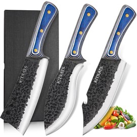 KITNATS 3Pcs Kitchen Knife Set, Hand Forged Butcher Knives Set - Chef Knives & Butcher Knife &Tactical Chopper, Meat Cutting Cleaver for Home Camping BBQ Ideal Gifts