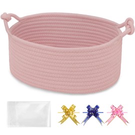 BOSROTY Baby Gift Baskets Empty with Handle, Small Woven Basket with Gift Bags and Ribbons, Decorative Organizer Box for Baby Pet Toy, 30.5 x 20 x 13 CM, Dusty Pink