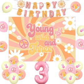 Jollyboom Groovy 3rd Birthday Decorations for Girls, Young Wild and Three Birthday Backdrop Retro Hippy Boho Happy Birthday Banner Daisy Flower Power Pink 3 Foil Balloons for Third Birthday Party