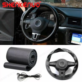 SHENKENUO BLACK Genuine Leather Steering Wheel Cover Wrap Sew-on 14.5"-15" Kit For All Car