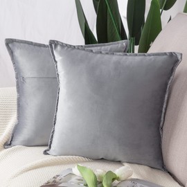 Madizz Pack of 2 Super Soft Velvet Decorative Cushion Covers with Fringe Luxury Style Cushion Case Pillow Shell for Sofa Bedroom Square Light Grey 22x22 inch, 55x55 cm