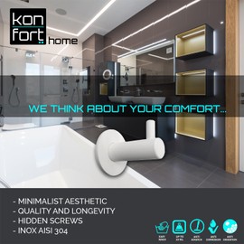 Kon-fort Home White Towel Hook, Screw, 2 Pack Bathroom Hooks Matte, SUS 304 Wall Mounted, Hangers Towels Robes Clothes Coats Hats. Kitchen Bedroom High End Designer