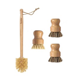 ECOLULU Bamboo Dish Brush Set & Wood Bottle Brush for Wide Mouth Bottles, Cups and Jars, (4 units total), Wooden Dish Brush, Biodegradable, Eco Friendly Products