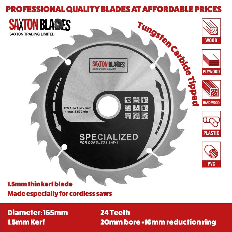 Saxton 165mm TCT Thin Kerf Cordless Circular Saw Blade Pack