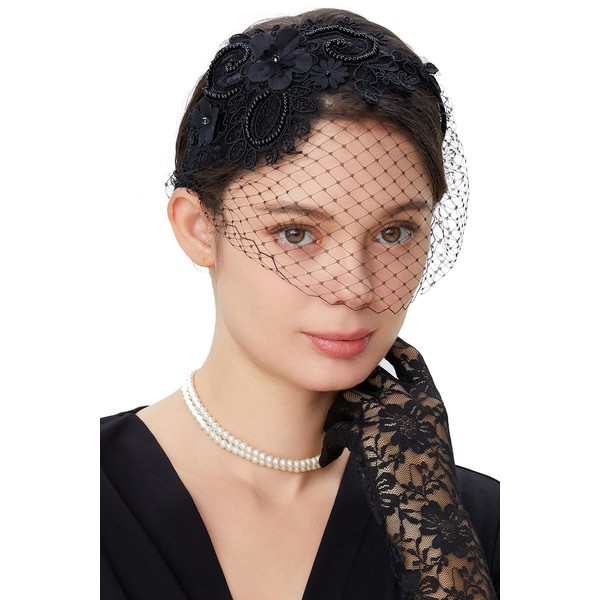 BABEYOND Bridal Wedding Veil Fascinator Mesh Lace Headband Tea Party Flower Fascinator Funeral Hats for Women Black