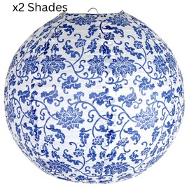 Paper Lampshade Hanging Light Shade 30cm, Oriental Ribbed Japanese Ceiling Fixture with Cherry Blossom & Floral Patterns, Perfect for Home Lighting, Wedding,Party & Boho Decor (2pcsBlueporc_01)