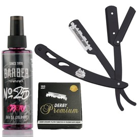 the shave factory® Straight Edge Razor Kit - with Single | Stainless Steel razors for men from the the shave factory (Black / Barber No25 50ml Cologne / 100 Derby Premium Single Blades)