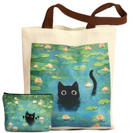 Gifts for Mum, Canvas Tote Bag for Women, Aesthetic Cat Gift Bag with Makeup Pouch Bag, Cute Fabric Tote Bag with Swimming Cat Pattern for Women Ladies Girls Working