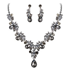 BriLove Bridal Jewellery Set for Wedding Women Grey Black Crystal Teardrop Filigree Leaf Twig Statement Necklace Dangle Earrings Silver-Tone