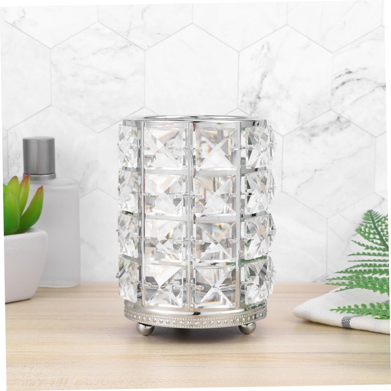 BIUDECO Large Silver Crystal Cosmetics Brush Holder Hollow Lace Design