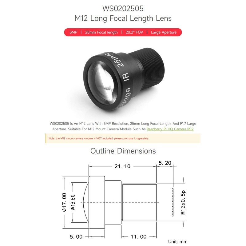 Waveshare M12 Long Focal Length Lens, 5MP, 25 mm Focal