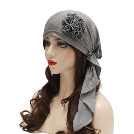 ZLYC Women's Chemo Turban Hat Pre-Tied Headscarf Headwraps Lightweight Hat, Decorative Flower Grey
