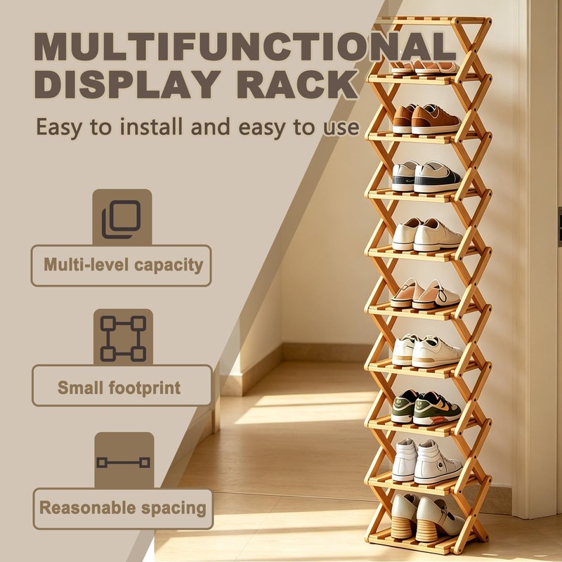10 Tier Bamboo Shoe Rack, Foldable 10 Tier Bamboo Corner