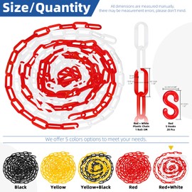 Glarks 21pcs 5M x 6mm Plastic Chain Barrier with S Hooks, Red-white Plastic Chain Links, Safety Barrier Chain, Weatherproof Plastic Safety Chain for Crowd Control, Queue Line, Parking