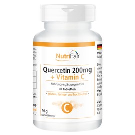 Quercetin 200mg + Vitamin C - with 495mg Vitamin C & 400mg Quercetin per Daily Dose - 90 Tablets - High Dose - 100% Vegan - German Production & Laboratory Test - NutriFair | Premium & Fair