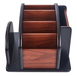 YIKATEND Wooden Desk Organizer with 6 Compartments, Remote Control Holder, Office Storage Caddy, Black and Brown Desk Organizer for Office Supplies