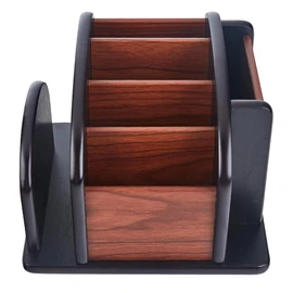 YIKATEND Wooden Desk Organizer with 6 Compartments, Remote Control Holder, Office Storage Caddy, Black and Brown Desk Organizer for Office Supplies