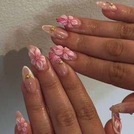 LYLYNB 24Pcs French Tip Almond Shape Acrylic Nails, 3D Floral Designs, Medium Length, Full Cover, Glossy Finish, Adult Women's Summer Glue On Nails
