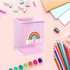 Roysmart Pack of 2 Children's Pencil Holders, Metal Pen Holder with Rainbow Pen Holder, Pen Holder Desk for Office Supplies, Girls, Birthday Gift (Pink)
