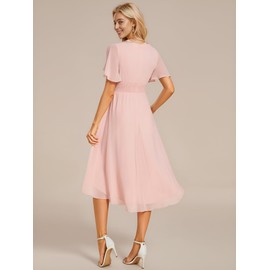 Ever-Pretty Women's Pink Bridesmaid Dresses Crew Neck Pleated Waist Short Sleeve Wedding Guest Dress Pink 12UK