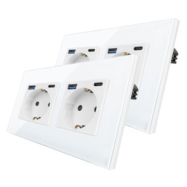CNBINGO Glass Double Socket with USB Ports (Type-C and Type-A Support 20 W Fast Charging), Double Socket, Flush-Mounted, in White, Schuko Protective Contact Wall Socket