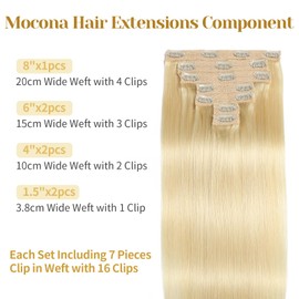 Mocona Clip in Hair Extensions Real Human Hair, Bleach Blonde – 16 Inch 7pcs 70g/Pack, Soft Real Remy Human Hair Clip in Extensions Straight for Women, Suitable for all Hair Types (#613 16 Inch)