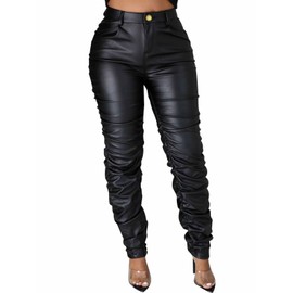 Zebaexf Women's Stretchy Faux Leather Leggings Pants,High Waist Stacked Pants for Women Black L