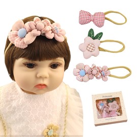 Bethynas Baby Girls Cute Headband Set 3pcs Handmade Puffy Flower Bows Toddler Hairband Elastic Lace Plaid Floral Hair Accessories Set for Newborn Infant Baby (Pink)