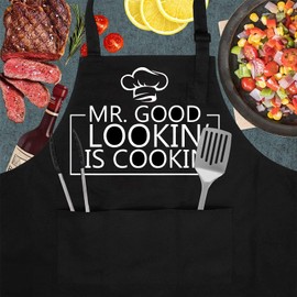 Novelty Funny Apron Men Women Chef Cooking Kitchen Bib BBQ Gifts Baking For Him (Mr. Good Looking Is Cooking)