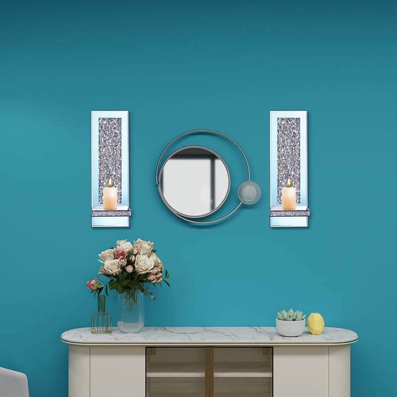 Aeveco Crystal Crush Diamond Mirrored Candle Sconces, Silver Wall Candle