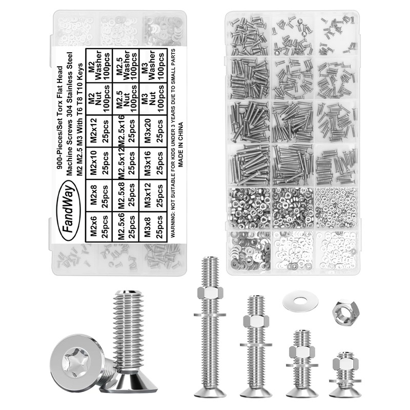 FandWay Pack of 900 M2 M2.5 M3 Torx Screws, Countersunk