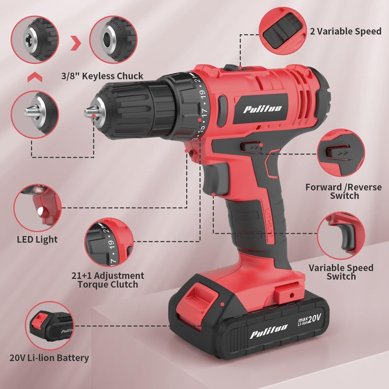 PULITUO 20V Cordless Drill/Driver, 2 Batteries Electric Screwdriver, 30Nm Power