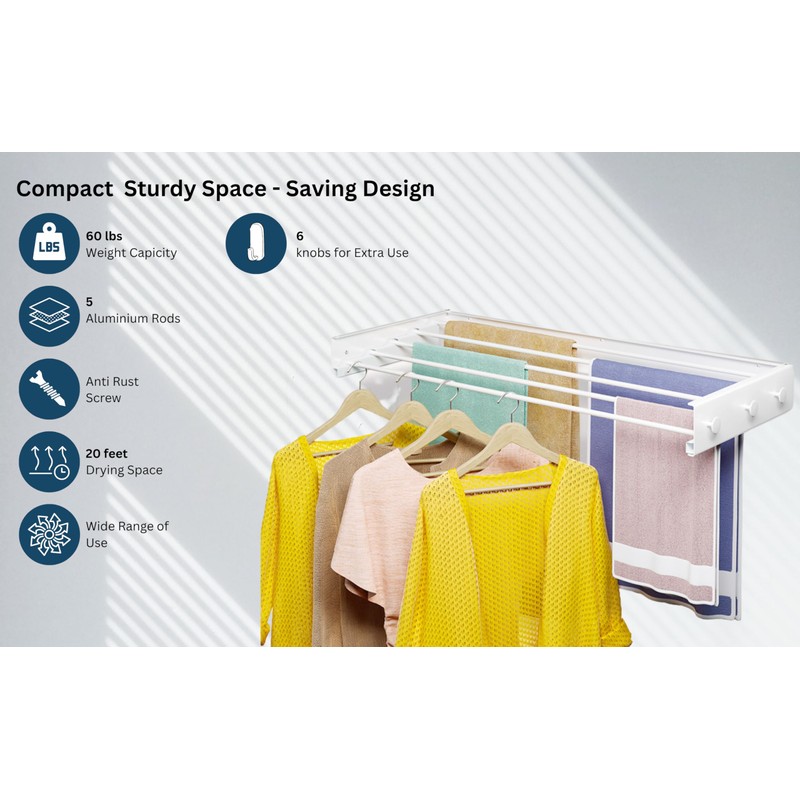 Wall Mounted Foldable, Space Saving Clothes Drying Rack with Knob,